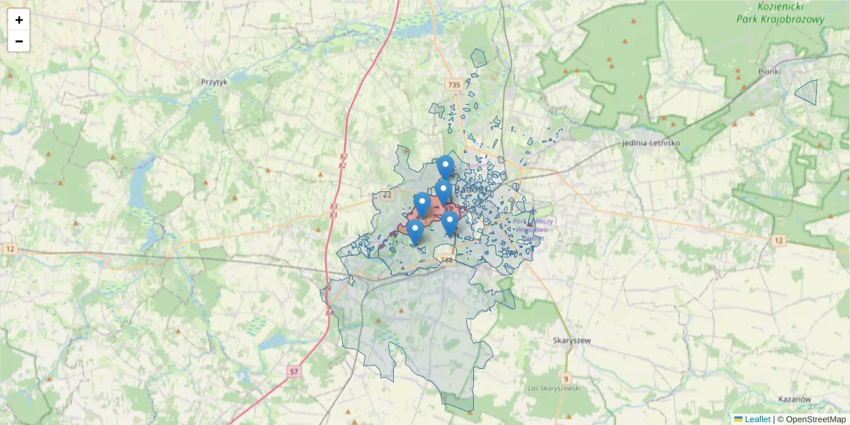 Szczegółowa mapa kodu pocztowego 26-612 z granicami, sąsiednimi kodami pocztowymi i urzędami pocztowymi