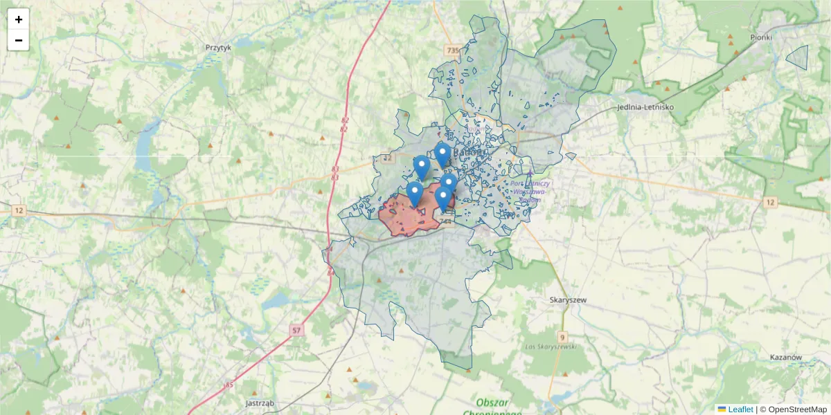 Szczegółowa mapa kodu pocztowego 26-616 z granicami, sąsiednimi kodami pocztowymi i urzędami pocztowymi