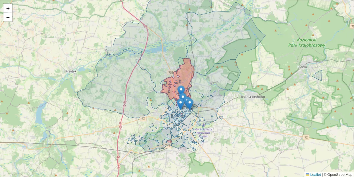 Szczegółowa mapa kodu pocztowego 26-617 z granicami, sąsiednimi kodami pocztowymi i urzędami pocztowymi