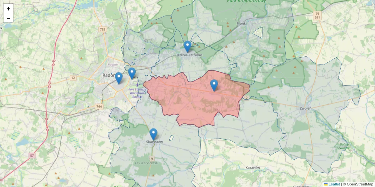 Szczegółowa mapa kodu pocztowego 26-634 z granicami, sąsiednimi kodami pocztowymi i urzędami pocztowymi