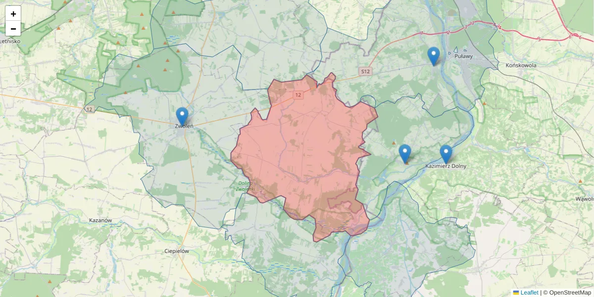 Szczegółowa mapa kodu pocztowego 26-704 z granicami, sąsiednimi kodami pocztowymi i urzędami pocztowymi