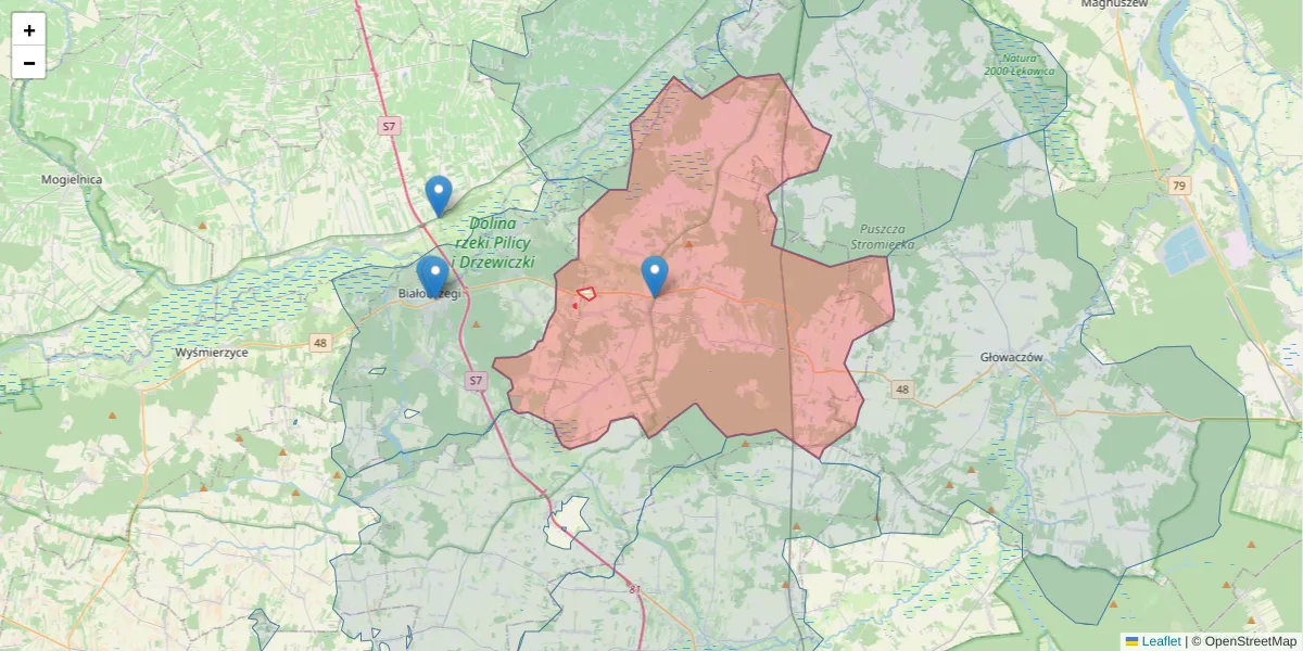 Szczegółowa mapa kodu pocztowego 26-804 z granicami, sąsiednimi kodami pocztowymi i urzędami pocztowymi