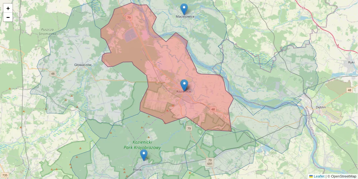 Szczegółowa mapa kodu pocztowego 26-900 z granicami, sąsiednimi kodami pocztowymi i urzędami pocztowymi