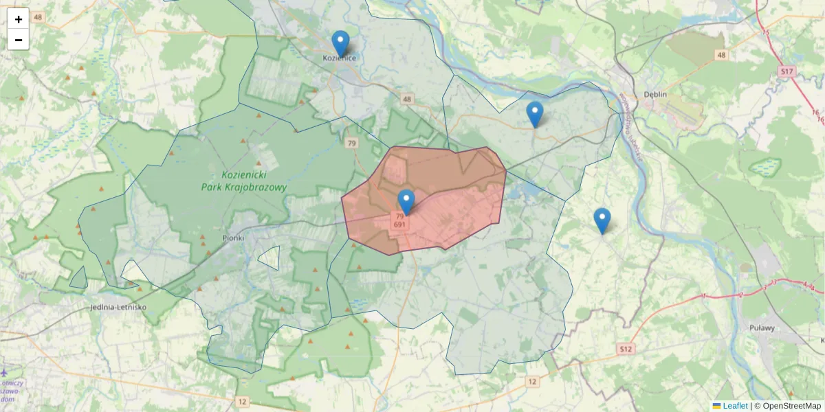 Szczegółowa mapa kodu pocztowego 26-930 z granicami, sąsiednimi kodami pocztowymi i urzędami pocztowymi