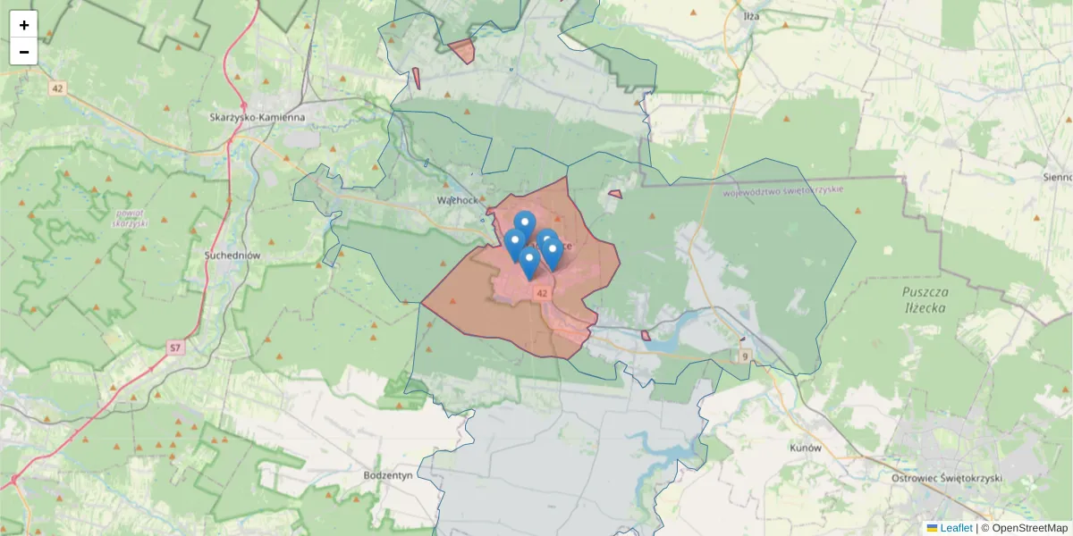Szczegółowa mapa kodu pocztowego 27-200 z granicami, sąsiednimi kodami pocztowymi i urzędami pocztowymi