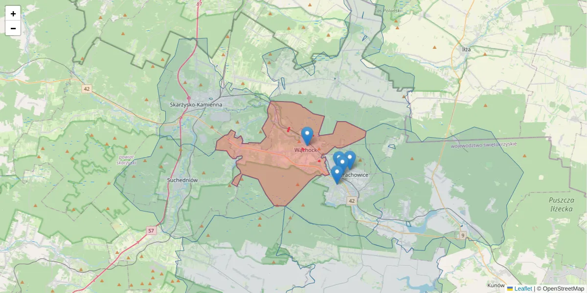 Szczegółowa mapa kodu pocztowego 27-215 z granicami, sąsiednimi kodami pocztowymi i urzędami pocztowymi