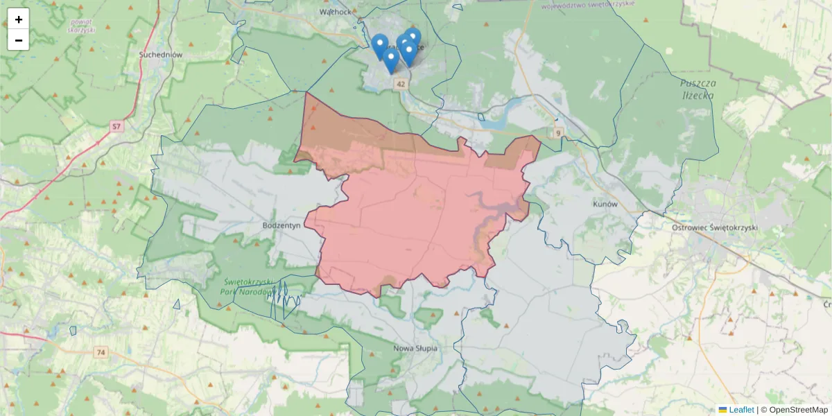 Szczegółowa mapa kodu pocztowego 27-225 z granicami, sąsiednimi kodami pocztowymi i urzędami pocztowymi