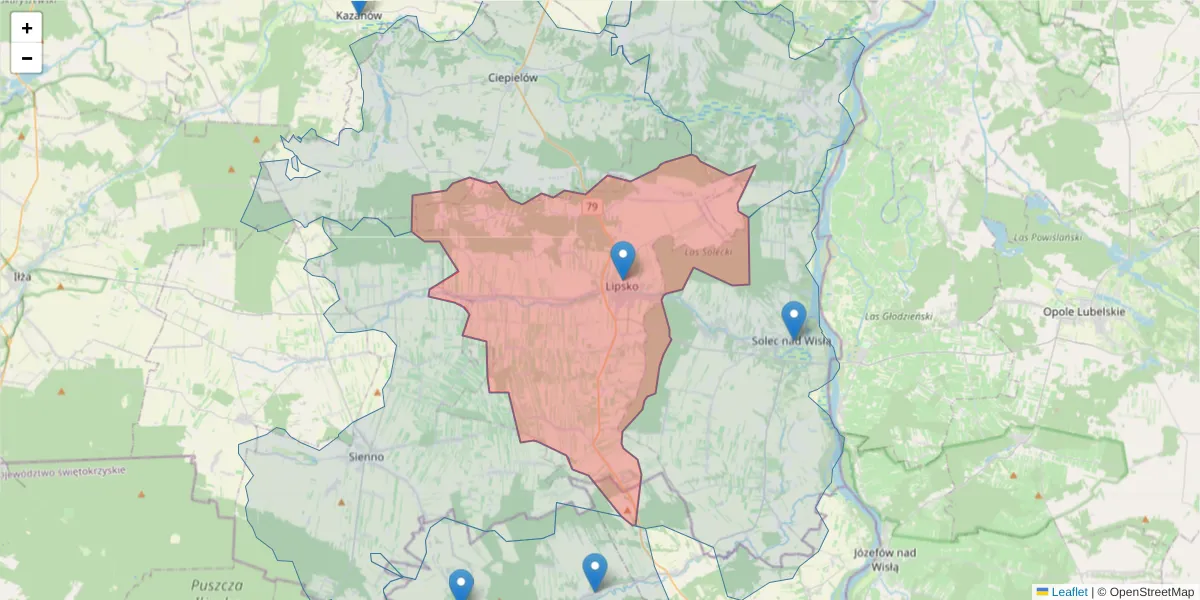 Szczegółowa mapa kodu pocztowego 27-300 z granicami, sąsiednimi kodami pocztowymi i urzędami pocztowymi