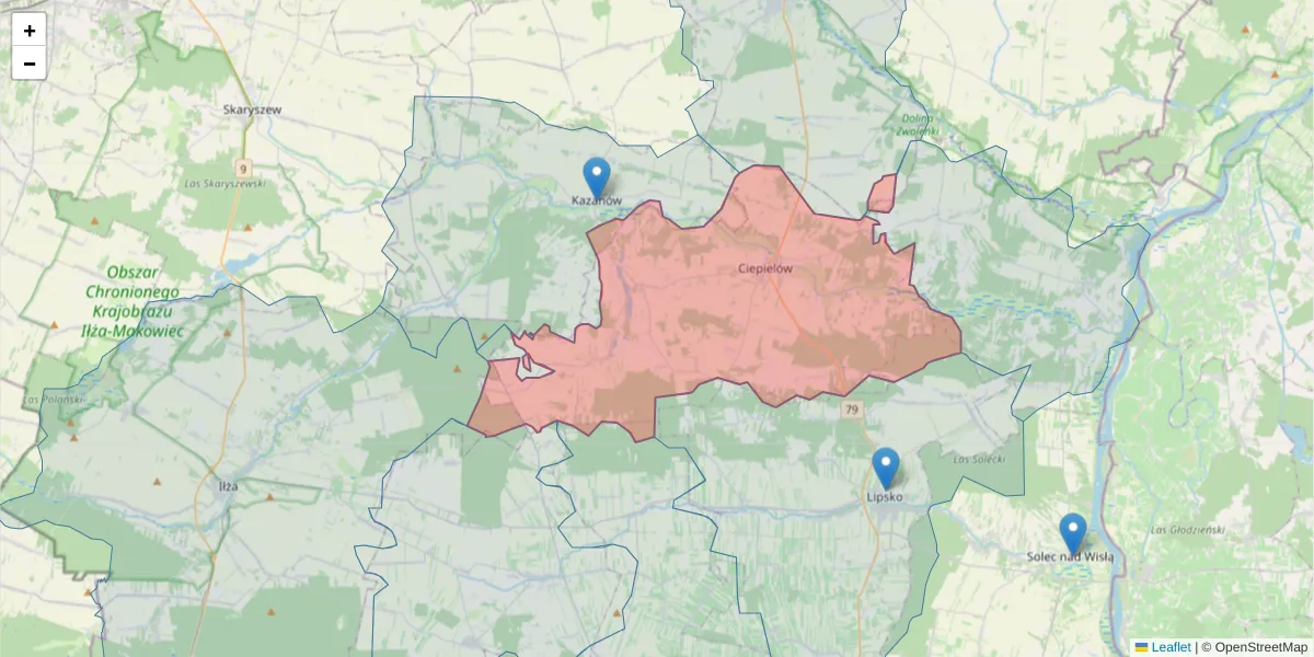 Szczegółowa mapa kodu pocztowego 27-310 z granicami, sąsiednimi kodami pocztowymi i urzędami pocztowymi