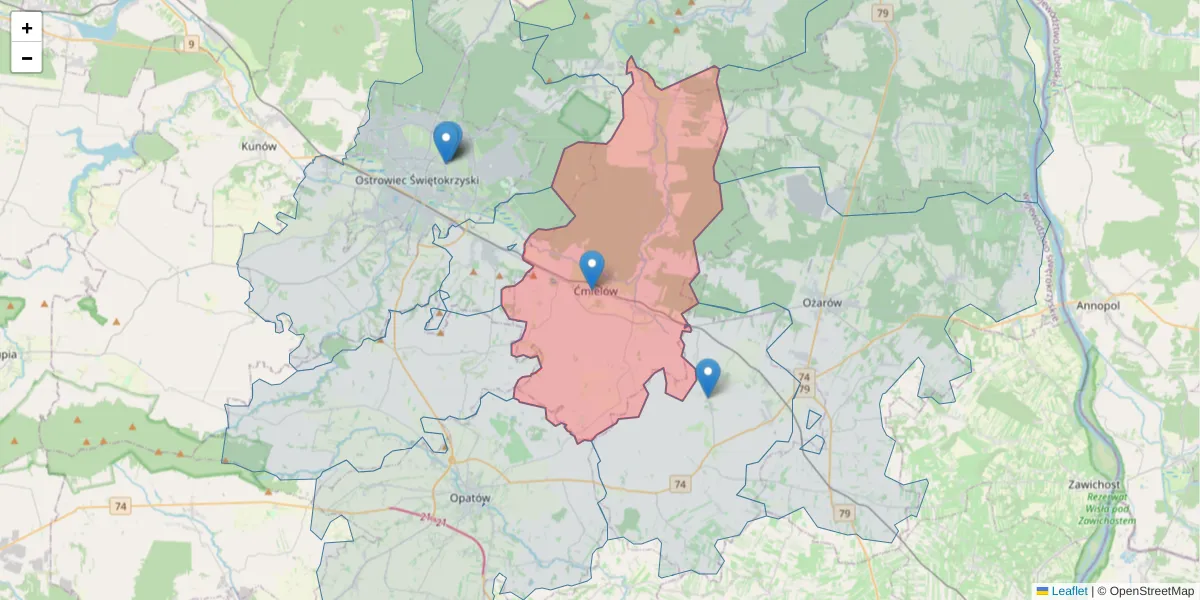 Szczegółowa mapa kodu pocztowego 27-440 z granicami, sąsiednimi kodami pocztowymi i urzędami pocztowymi