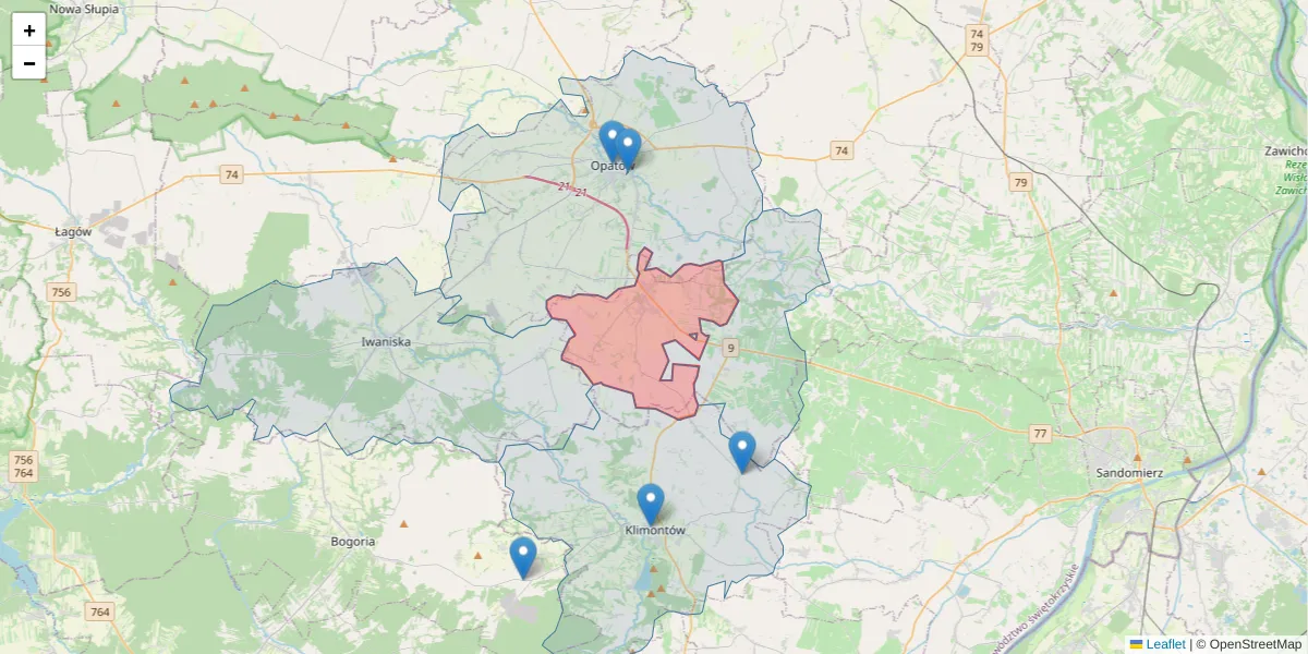 Szczegółowa mapa kodu pocztowego 27-545 z granicami, sąsiednimi kodami pocztowymi i urzędami pocztowymi