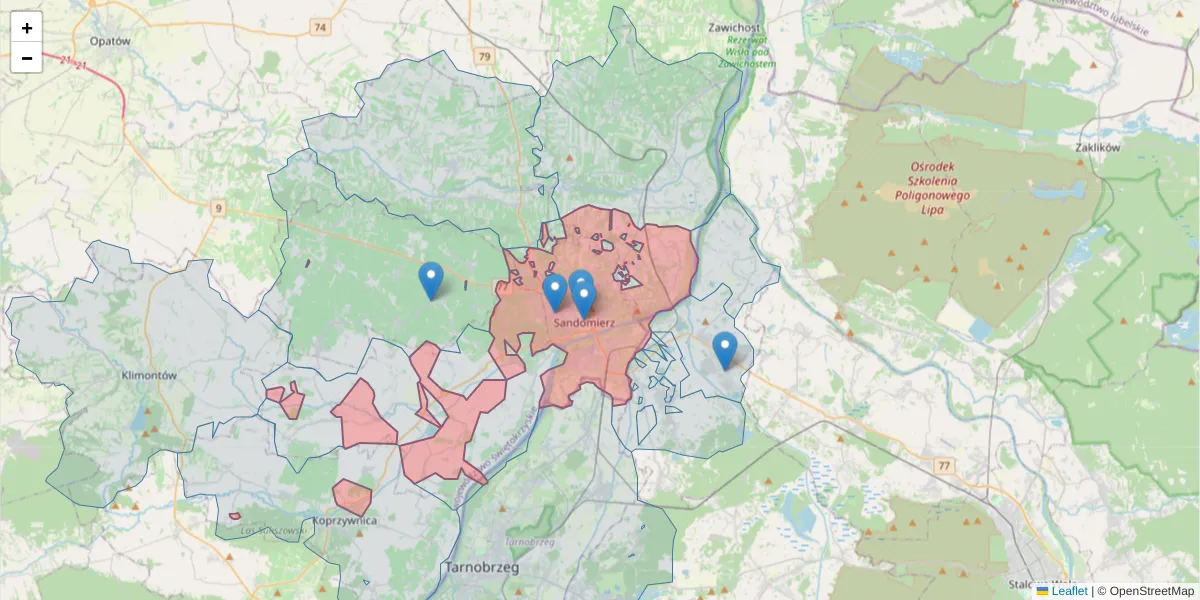 Szczegółowa mapa kodu pocztowego 27-600 z granicami, sąsiednimi kodami pocztowymi i urzędami pocztowymi