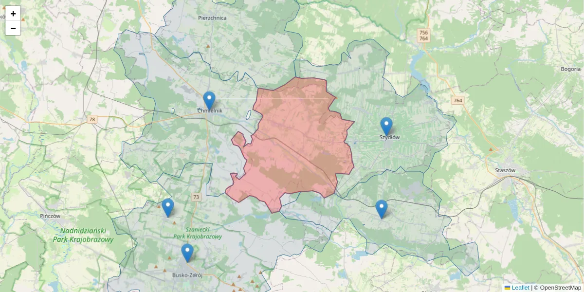 Szczegółowa mapa kodu pocztowego 28-114 z granicami, sąsiednimi kodami pocztowymi i urzędami pocztowymi