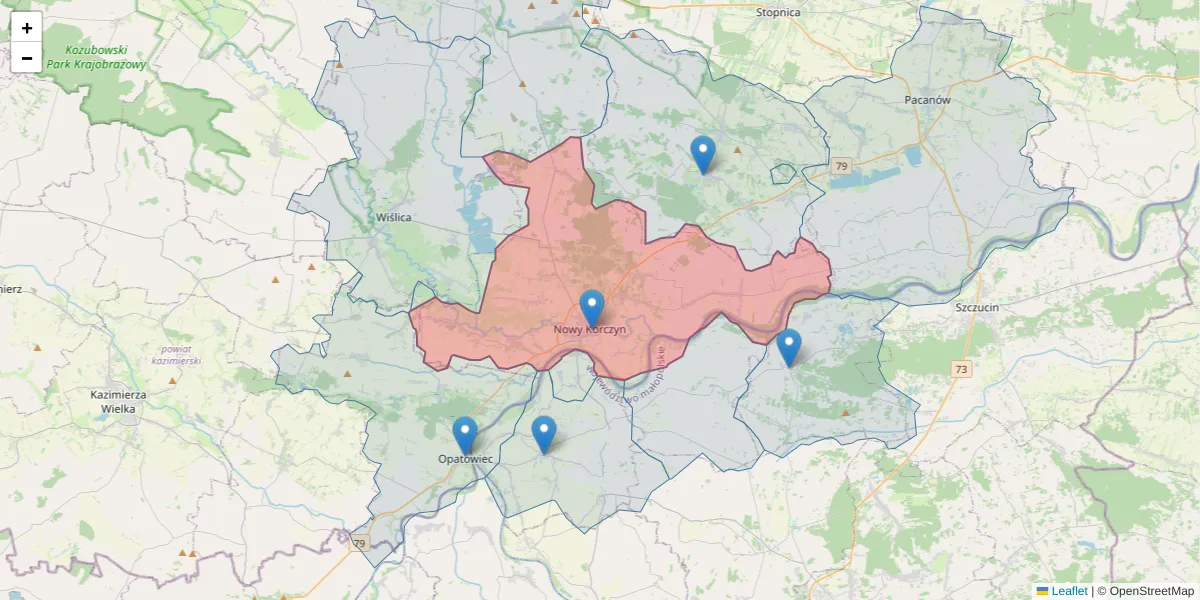 Szczegółowa mapa kodu pocztowego 28-136 z granicami, sąsiednimi kodami pocztowymi i urzędami pocztowymi