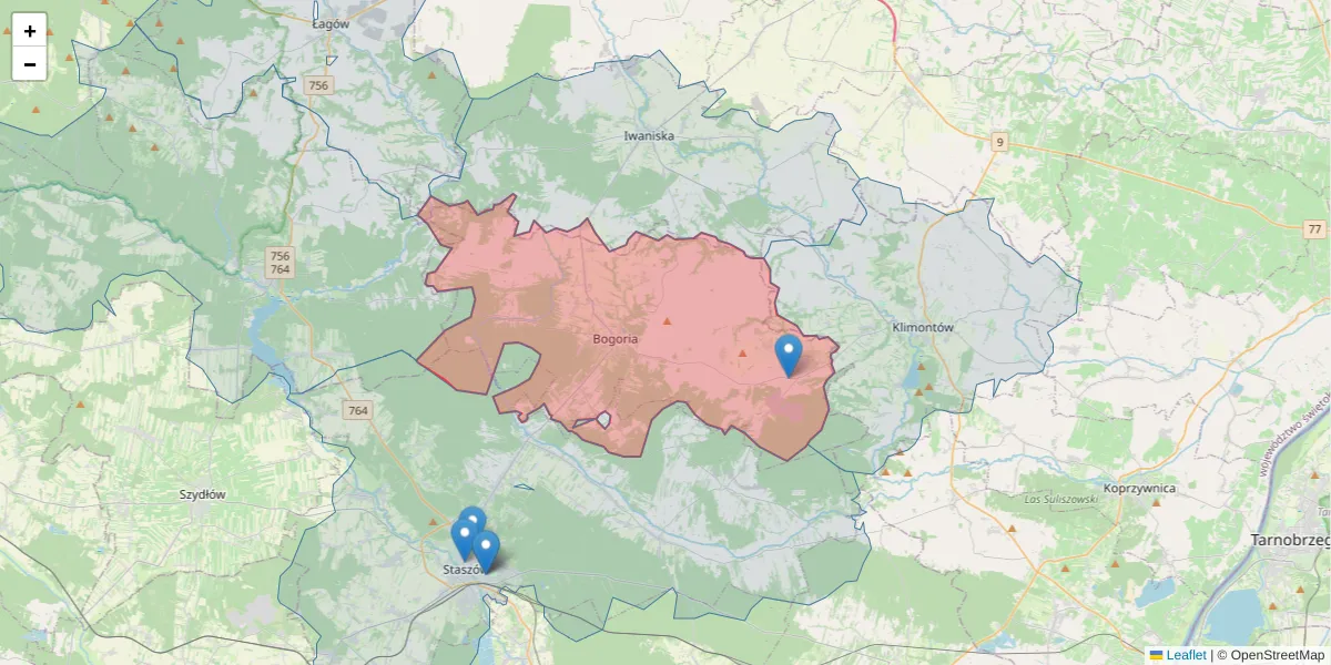 Szczegółowa mapa kodu pocztowego 28-210 z granicami, sąsiednimi kodami pocztowymi i urzędami pocztowymi