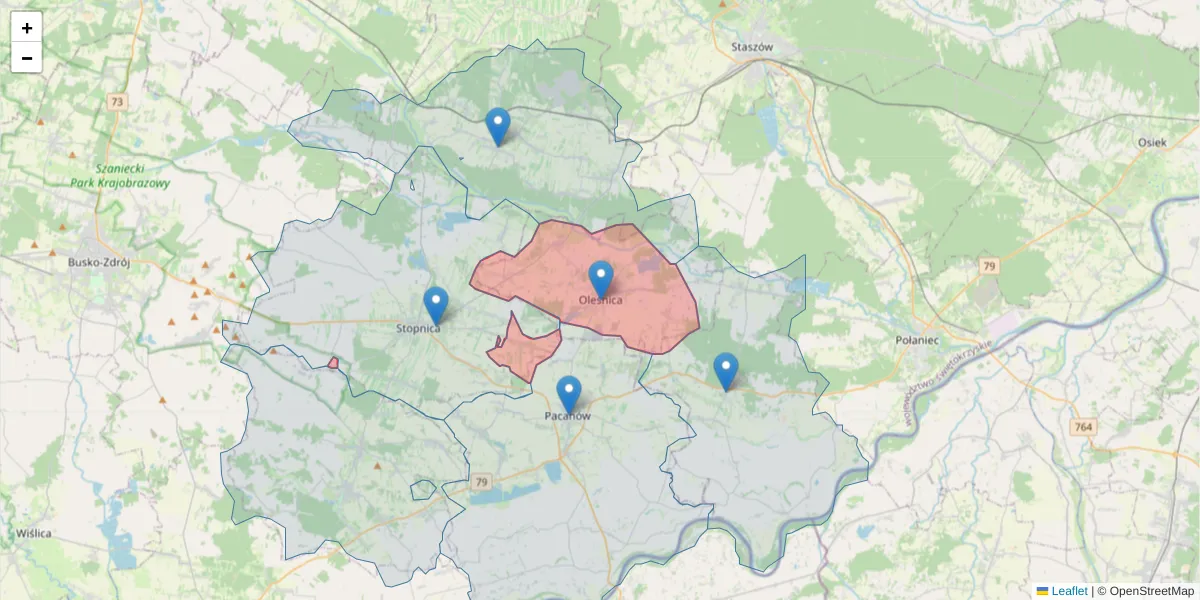 Szczegółowa mapa kodu pocztowego 28-220 z granicami, sąsiednimi kodami pocztowymi i urzędami pocztowymi