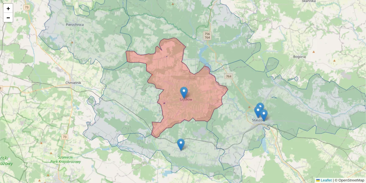 Szczegółowa mapa kodu pocztowego 28-225 z granicami, sąsiednimi kodami pocztowymi i urzędami pocztowymi