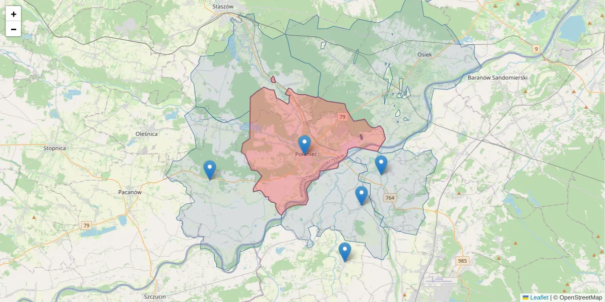 Szczegółowa mapa kodu pocztowego 28-230 z granicami, sąsiednimi kodami pocztowymi i urzędami pocztowymi