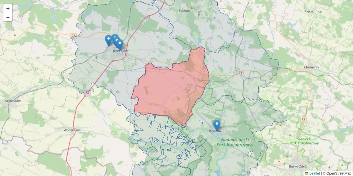 Szczegółowa mapa kodu pocztowego 28-313 z granicami, sąsiednimi kodami pocztowymi i urzędami pocztowymi
