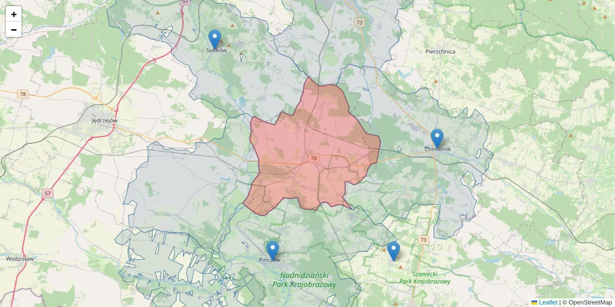 Szczegółowa mapa kodu pocztowego 28-404 z granicami, sąsiednimi kodami pocztowymi i urzędami pocztowymi
