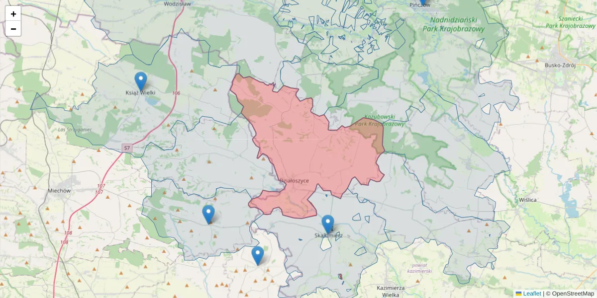 Szczegółowa mapa kodu pocztowego 28-440 z granicami, sąsiednimi kodami pocztowymi i urzędami pocztowymi