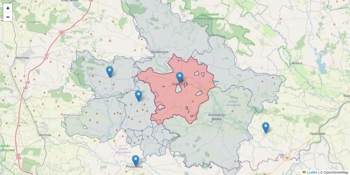 Szczegółowa mapa kodu pocztowego 28-530 z granicami, sąsiednimi kodami pocztowymi i urzędami pocztowymi