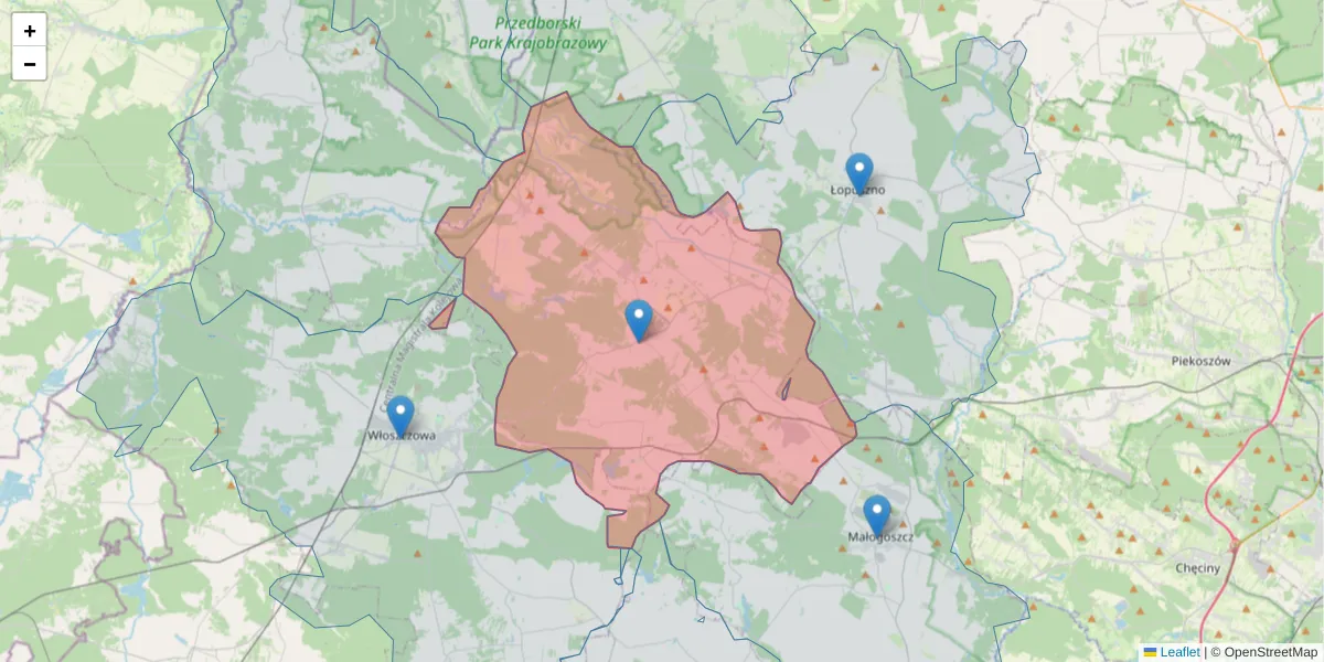 Szczegółowa mapa kodu pocztowego 29-105 z granicami, sąsiednimi kodami pocztowymi i urzędami pocztowymi