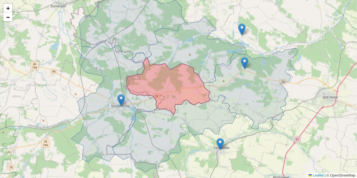 Szczegółowa mapa kodu pocztowego 29-130 z granicami, sąsiednimi kodami pocztowymi i urzędami pocztowymi