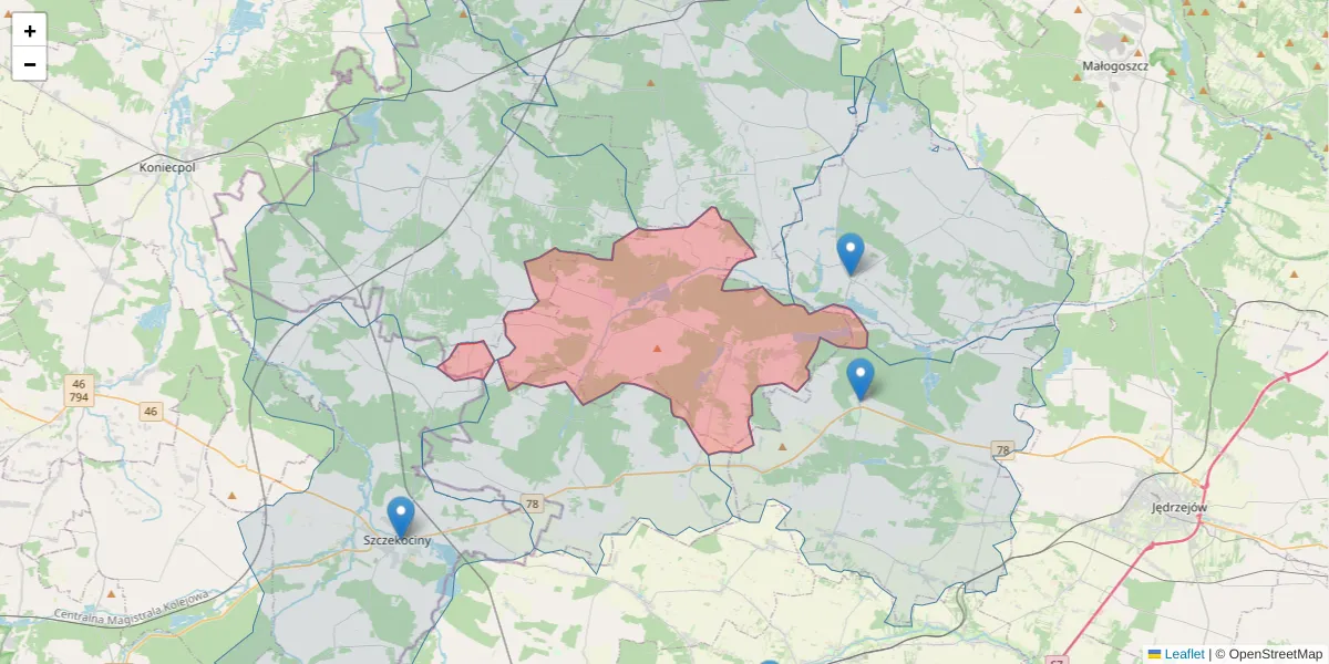 Szczegółowa mapa kodu pocztowego 29-135 z granicami, sąsiednimi kodami pocztowymi i urzędami pocztowymi
