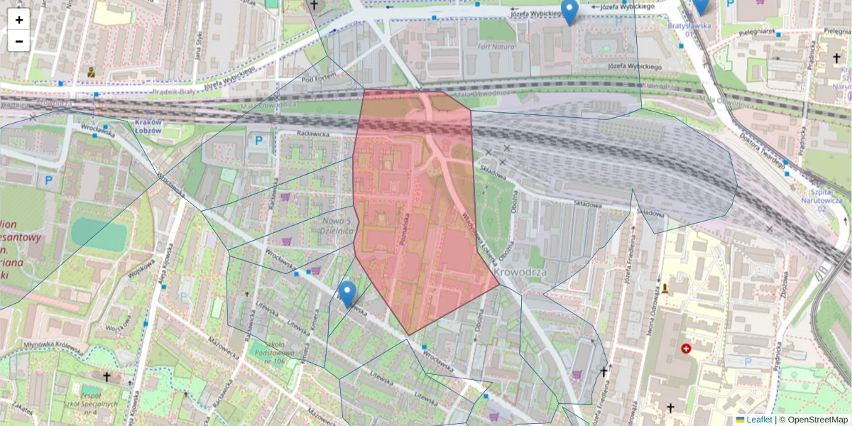 Szczegółowa mapa kodu pocztowego 30-012 z granicami, sąsiednimi kodami pocztowymi i urzędami pocztowymi