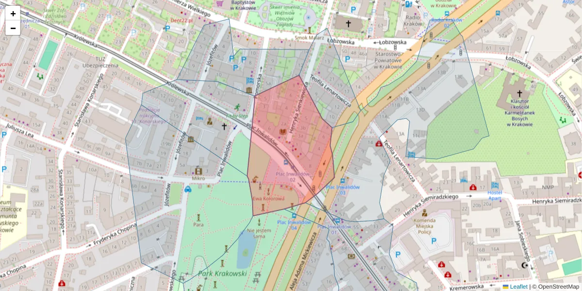 Szczegółowa mapa kodu pocztowego 30-033 z granicami, sąsiednimi kodami pocztowymi i urzędami pocztowymi