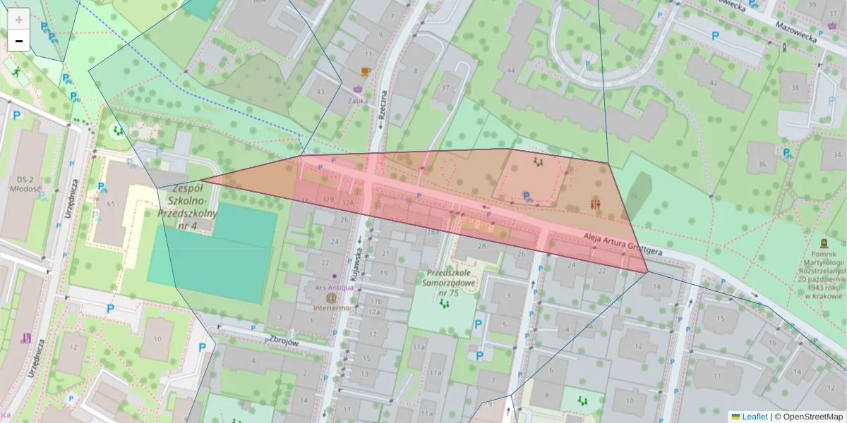 Szczegółowa mapa kodu pocztowego 30-043 z granicami, sąsiednimi kodami pocztowymi i urzędami pocztowymi