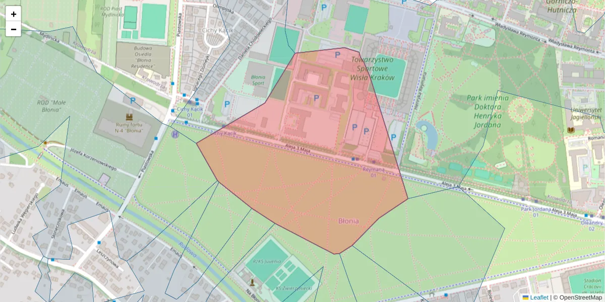 Szczegółowa mapa kodu pocztowego 30-062 z granicami, sąsiednimi kodami pocztowymi i urzędami pocztowymi