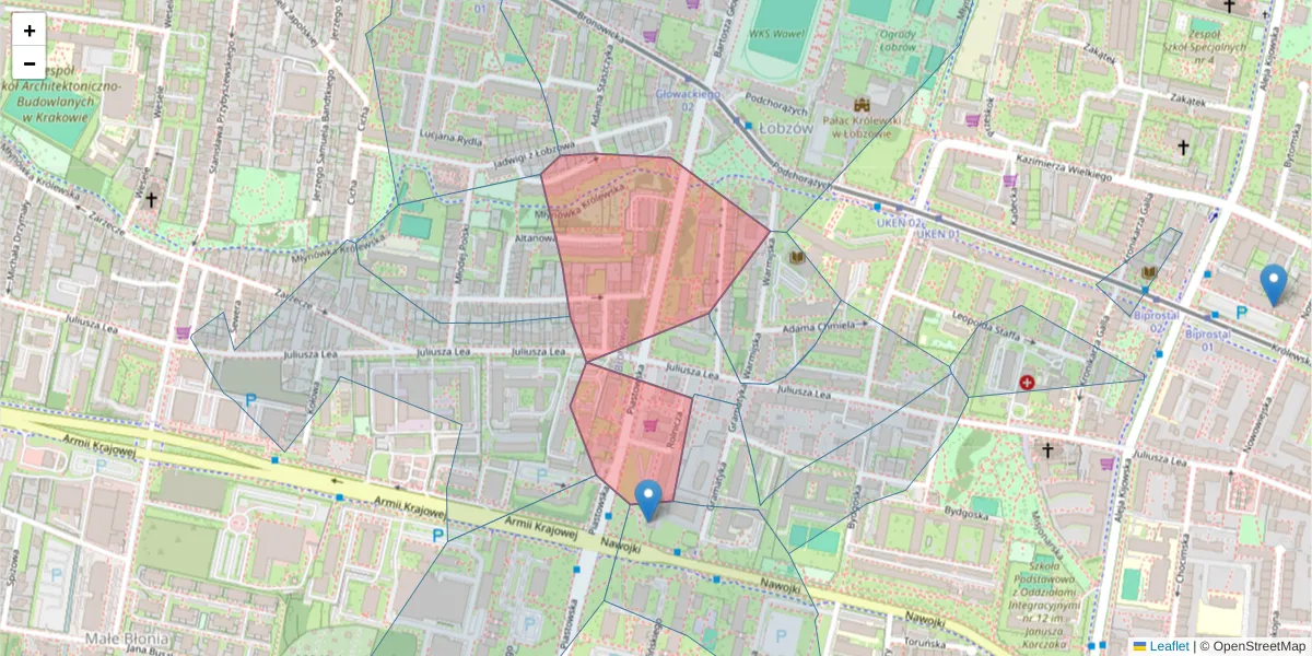 Szczegółowa mapa kodu pocztowego 30-067 z granicami, sąsiednimi kodami pocztowymi i urzędami pocztowymi