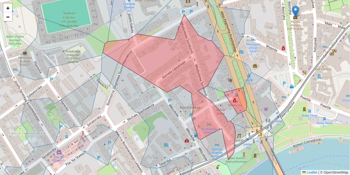 Szczegółowa mapa kodu pocztowego 30-102 z granicami, sąsiednimi kodami pocztowymi i urzędami pocztowymi
