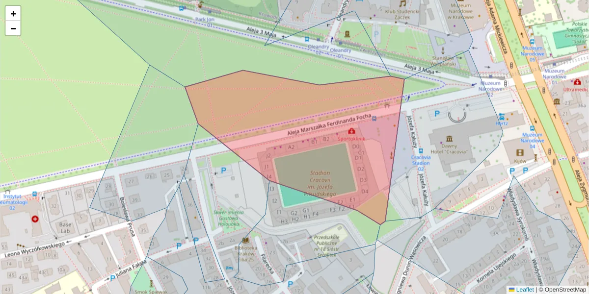 Szczegółowa mapa kodu pocztowego 30-111 z granicami, sąsiednimi kodami pocztowymi i urzędami pocztowymi
