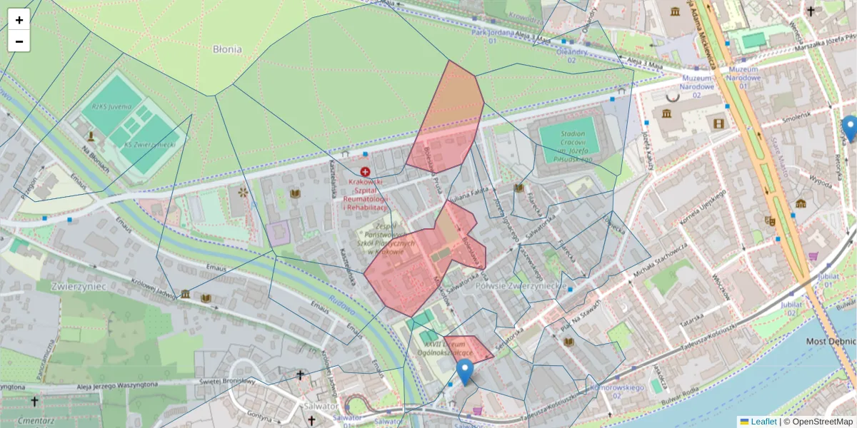 Szczegółowa mapa kodu pocztowego 30-117 z granicami, sąsiednimi kodami pocztowymi i urzędami pocztowymi