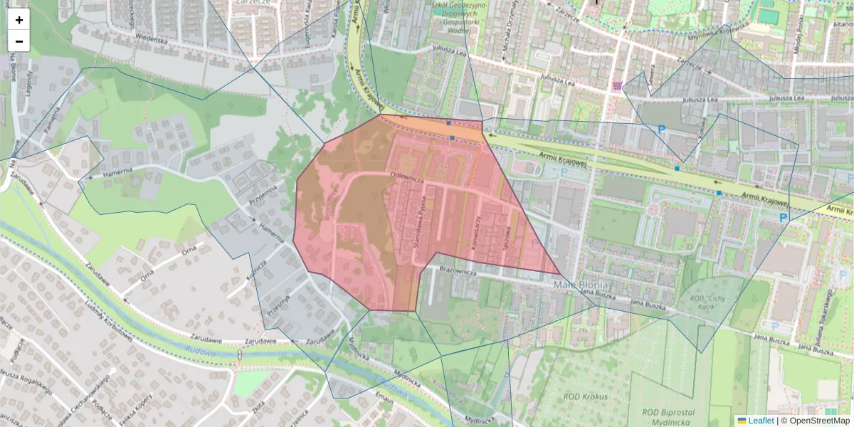 Szczegółowa mapa kodu pocztowego 30-142 z granicami, sąsiednimi kodami pocztowymi i urzędami pocztowymi