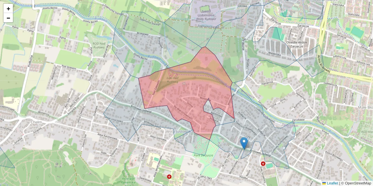 Szczegółowa mapa kodu pocztowego 30-222 z granicami, sąsiednimi kodami pocztowymi i urzędami pocztowymi