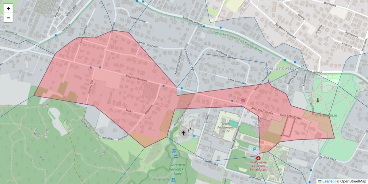 Szczegółowa mapa kodu pocztowego 30-227 z granicami, sąsiednimi kodami pocztowymi i urzędami pocztowymi
