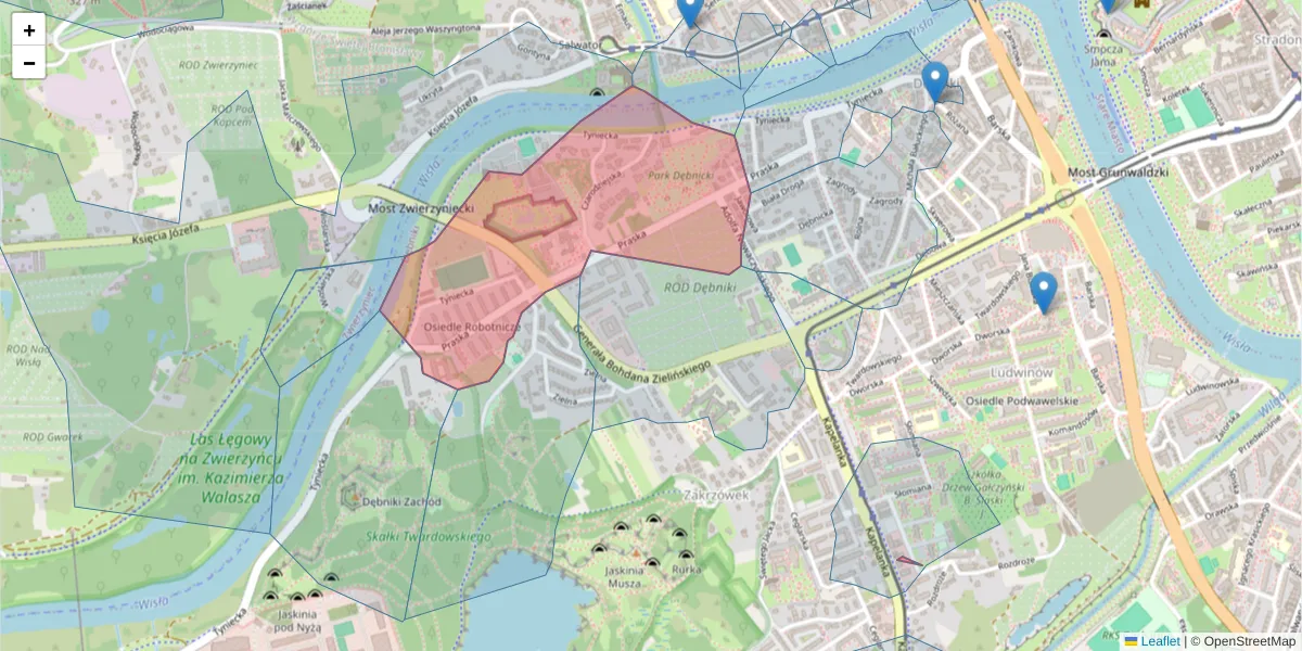 Szczegółowa mapa kodu pocztowego 30-322 z granicami, sąsiednimi kodami pocztowymi i urzędami pocztowymi
