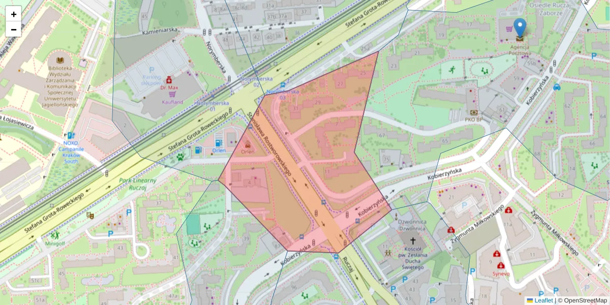 Szczegółowa mapa kodu pocztowego 30-358 z granicami, sąsiednimi kodami pocztowymi i urzędami pocztowymi