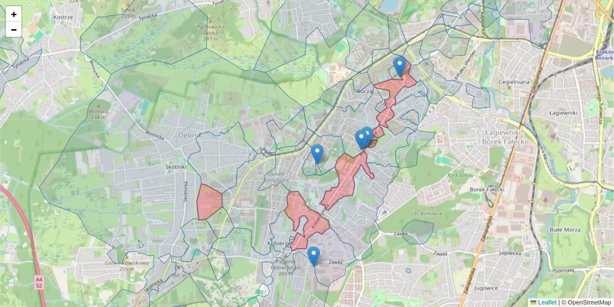 Szczegółowa mapa kodu pocztowego 30-382 z granicami, sąsiednimi kodami pocztowymi i urzędami pocztowymi