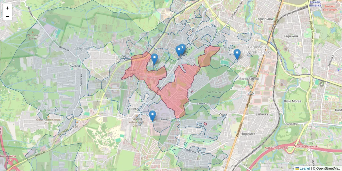 Szczegółowa mapa kodu pocztowego 30-383 z granicami, sąsiednimi kodami pocztowymi i urzędami pocztowymi