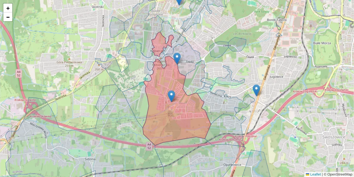 Szczegółowa mapa kodu pocztowego 30-389 z granicami, sąsiednimi kodami pocztowymi i urzędami pocztowymi