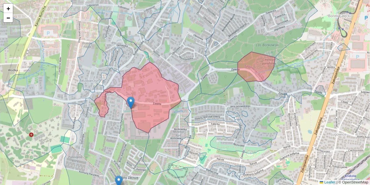 Szczegółowa mapa kodu pocztowego 30-390 z granicami, sąsiednimi kodami pocztowymi i urzędami pocztowymi