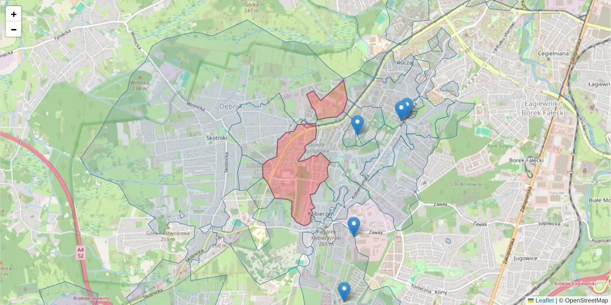 Szczegółowa mapa kodu pocztowego 30-392 z granicami, sąsiednimi kodami pocztowymi i urzędami pocztowymi