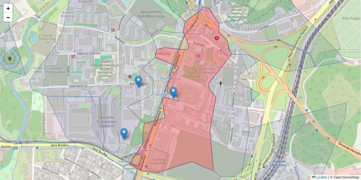 Szczegółowa mapa kodu pocztowego 30-415 z granicami, sąsiednimi kodami pocztowymi i urzędami pocztowymi