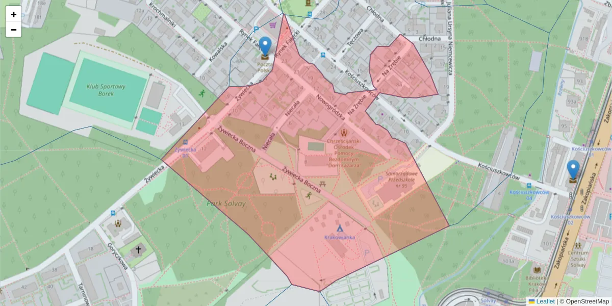 Szczegółowa mapa kodu pocztowego 30-425 z granicami, sąsiednimi kodami pocztowymi i urzędami pocztowymi