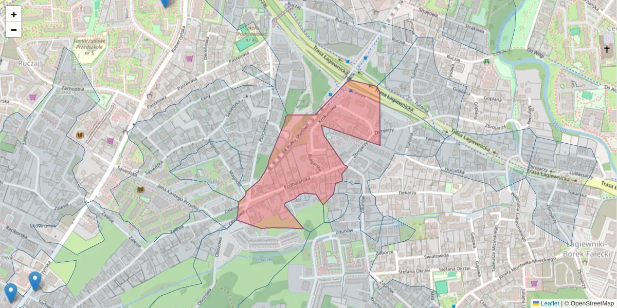 Szczegółowa mapa kodu pocztowego 30-430 z granicami, sąsiednimi kodami pocztowymi i urzędami pocztowymi